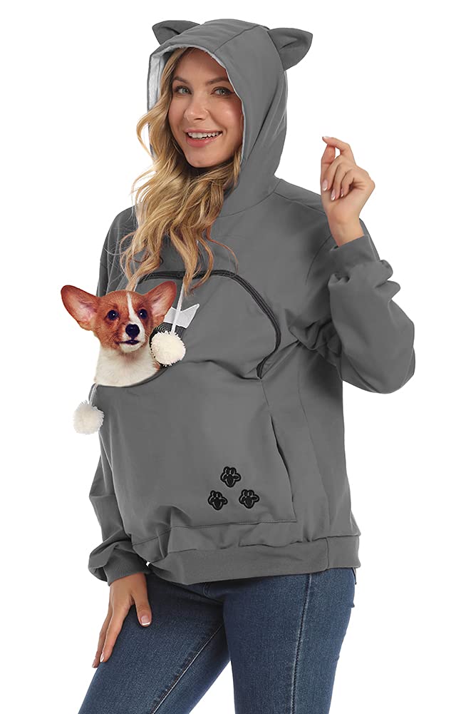 Ziifullhou Women Pet Carrier Sweatshirt Puppy Kitten Holding Hoodies Long Sleeve Pouch Tops (Xxxx-Large, Dark Grey)