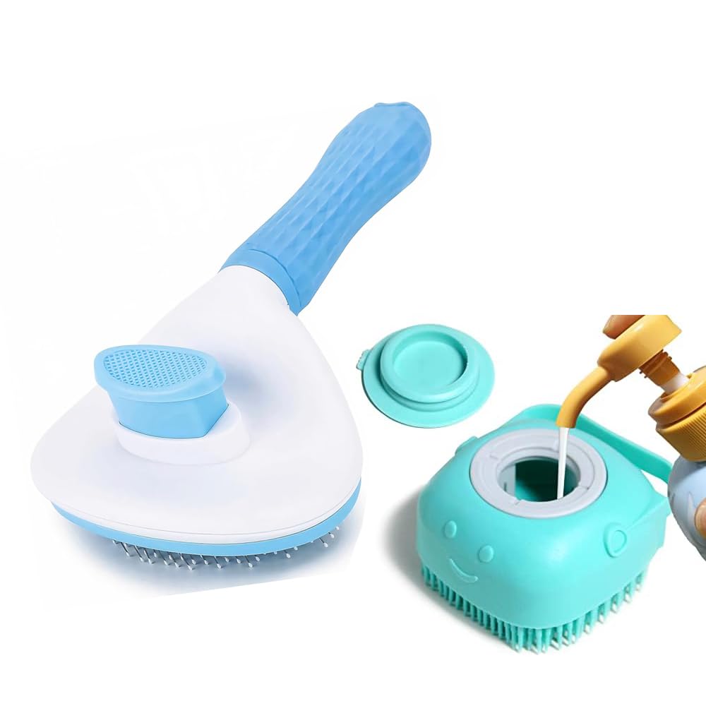 Pethood Pet Grooming Combo  Slicker Brush & Silicone Shampoo Dispenser | Color May Vary | Dog & Cat Hair Remover, Bath Brush Fo