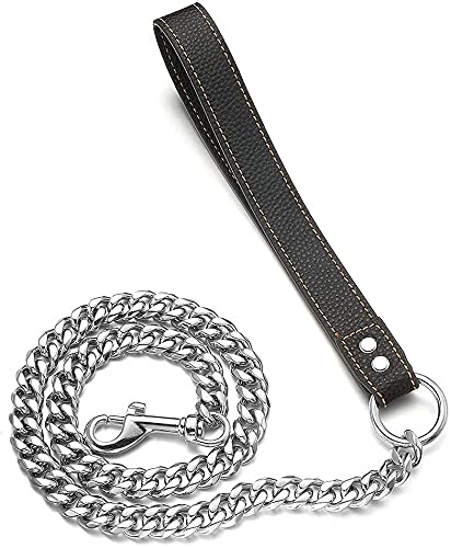 Aiyidi Dog Chain Leash, Stainless Steel Metal Link Training Leash Width 11/15Mm Length 3/4/5Ft Silver Cuban Chain, With Genuine Leather Padded Handle, For Large/Medium/Small Dogs (15Mm, 5Ft)