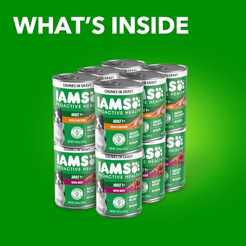 IAMS Proactive Health Adult Wet Dog Food Chicken Chunks in Gravy or Beef Chunks in Gravy, 13 oz. Cans (12 Count, Pack of 1)
