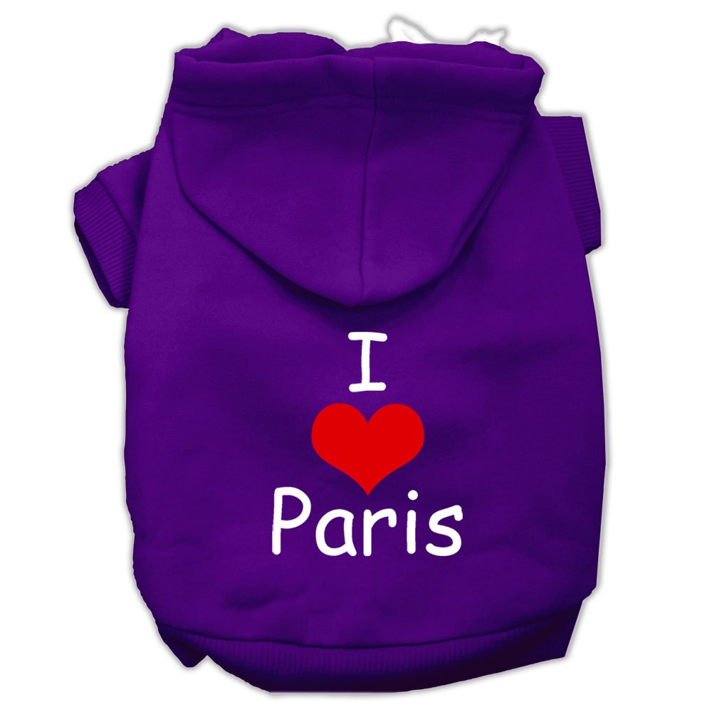 Pet, Dog & Cat Hoodie Screen Printed, I Love Paris Purple XS (0-3 lbs.)