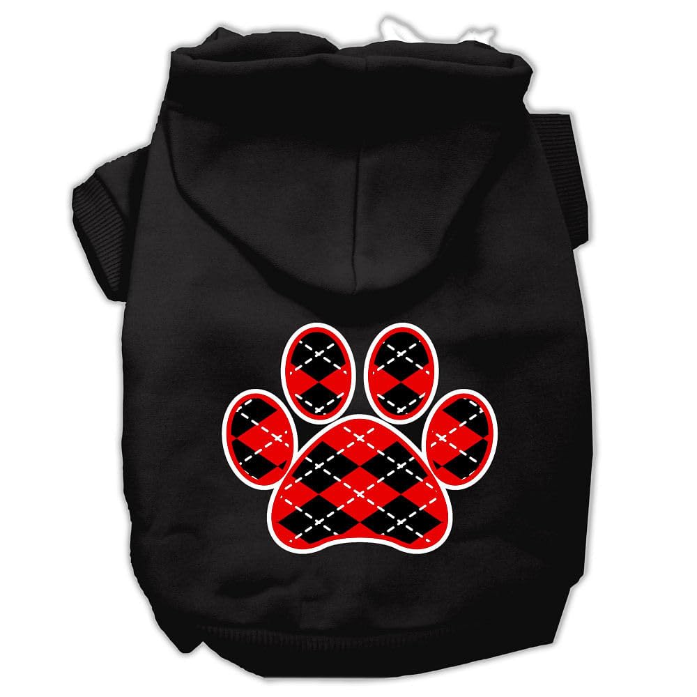 Pet Dog & Cat Hoodie Screen Printed, 'Red Argyle Paw' Black Xs (0-3 Lbs.)