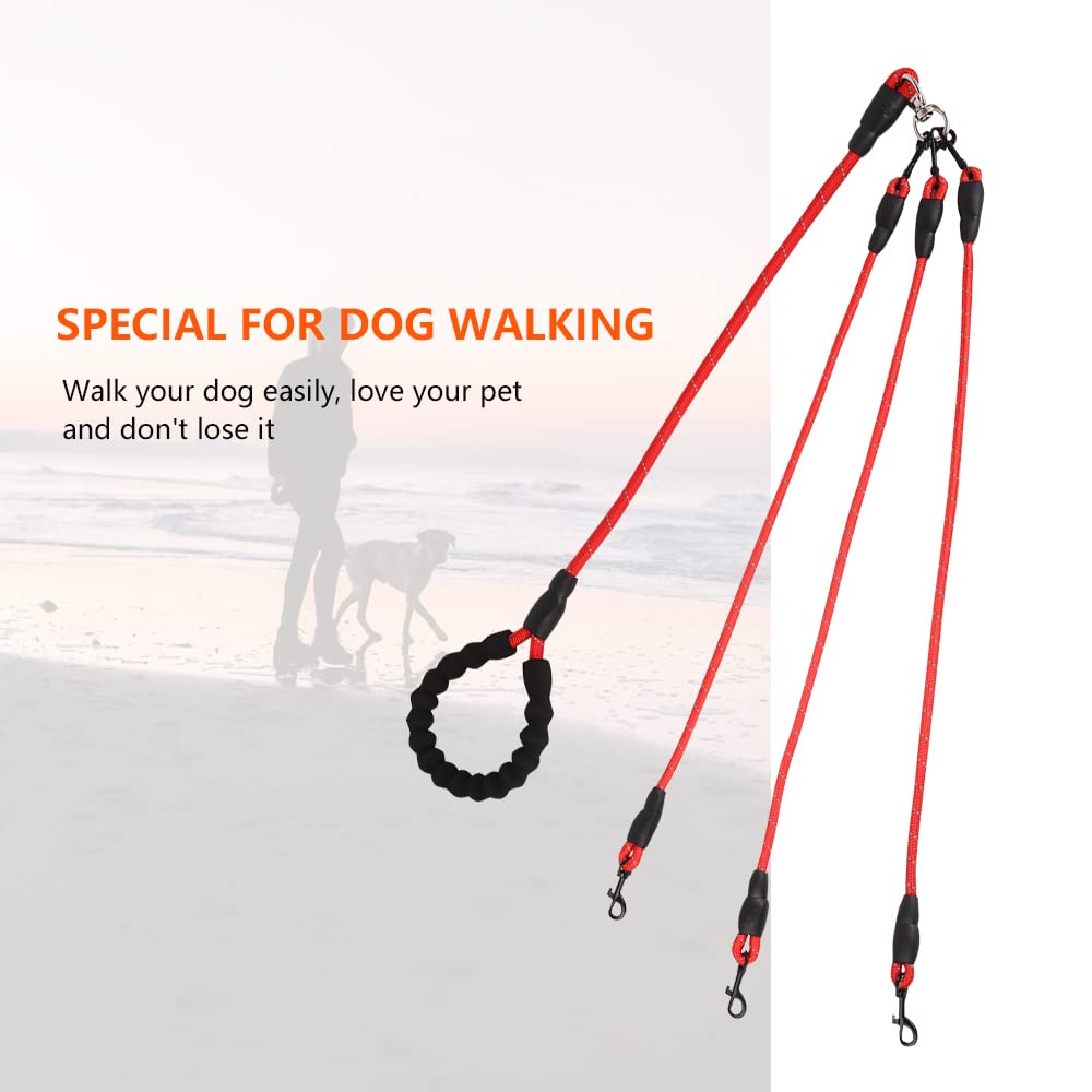 Three Dog Leash - Comfortable Double Leash With Reflective, 360 Swivel No Tangle Training For Large Medium Small Dogs (Red, Thre