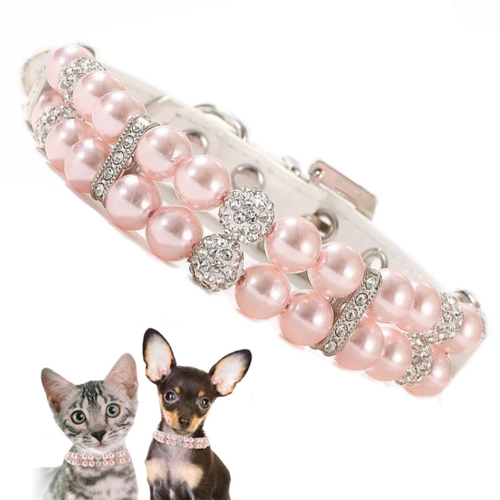 Pink Pearl Collar For Small Dogs, Fancy Crystal Bling Pearl Cat Collar Rhinestone Luxury Beaded Puppy Necklace Diamond Girl Pet 