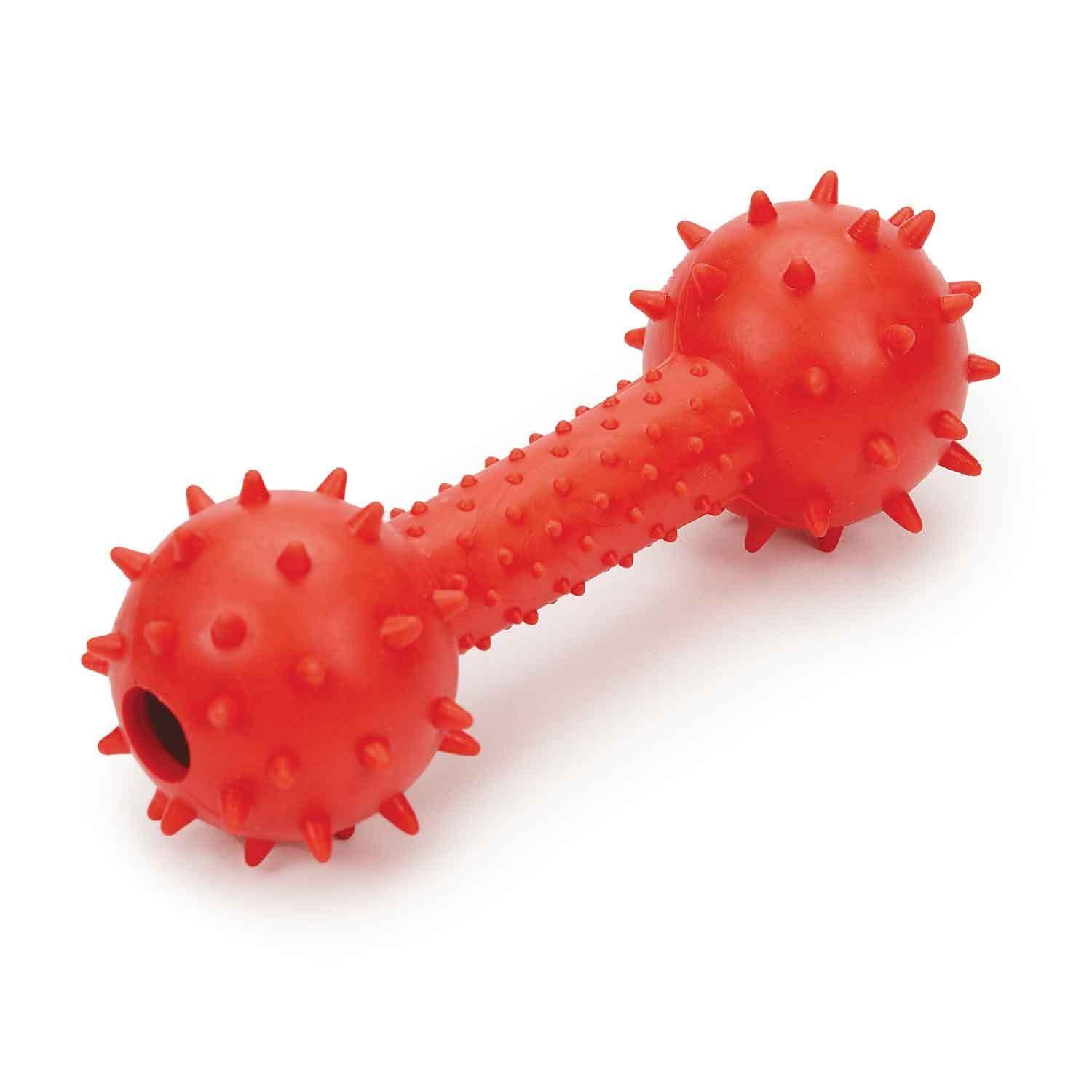 Diggers 8360919 6 in. Rubber Spiked TPR Dumbbell with Bell Dog Toy, Red - Medium