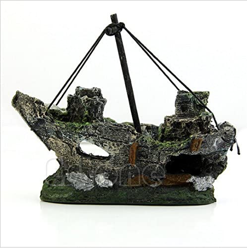 RunXF 5.7 inches Old Pirate Ship Sunken Treasure Boat Aquarium Landscaping Fish Shrimp Hideouts Cave Ornaments for Small Fish Ta