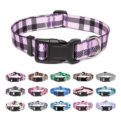 Mercano Adjustable Dog Collar - Special Design Patterns, Soft Nylon Comfortable Durable Pet Collar For Small Medium Large Dogs (M, Purple Plaid)