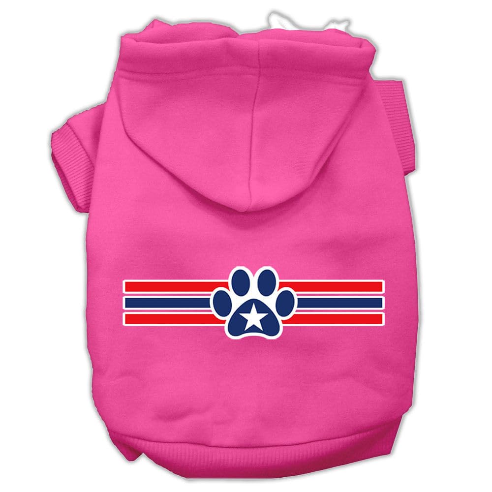 Pet Dog & Cat Hoodie Screen Printed, 'Patriotic Star Paw' Bright Pink Md (6-10 Lbs.)