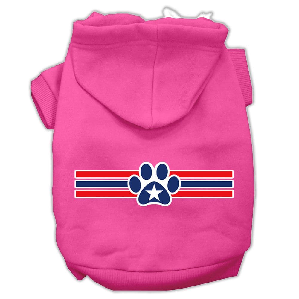 Pet Dog & Cat Hoodie Screen Printed, 'Patriotic Star Paw' Bright Pink Sm (3-6 Lbs.)