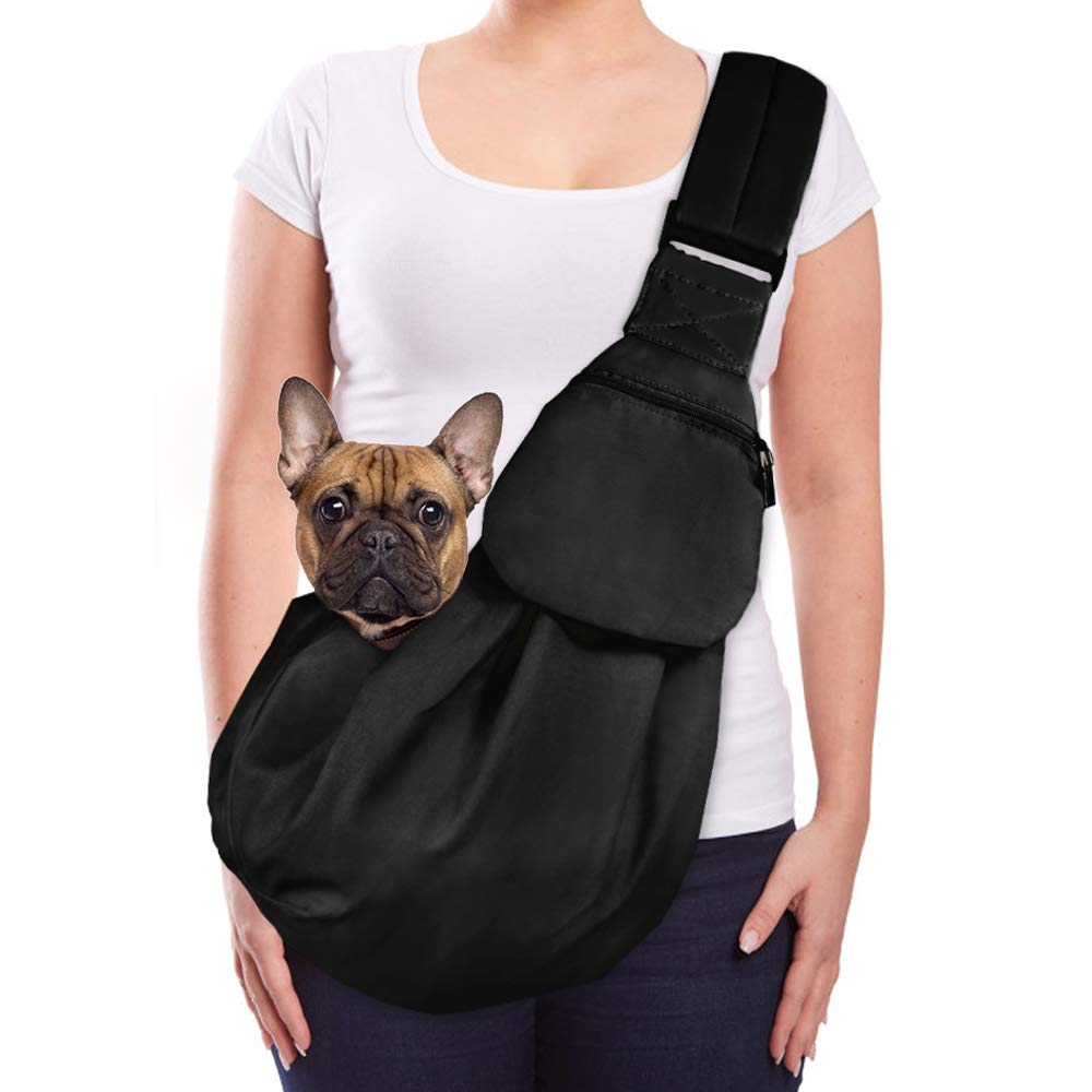 Lukovee Pet Sling, Hand Free Dog Sling Carrier Adjustable Padded Strap Tote Bag Breathable Cotton Shoulder Bag Front Pocket Safety Belt Carrying Small Dog Cat Puppy Machine Washable (Black, M)