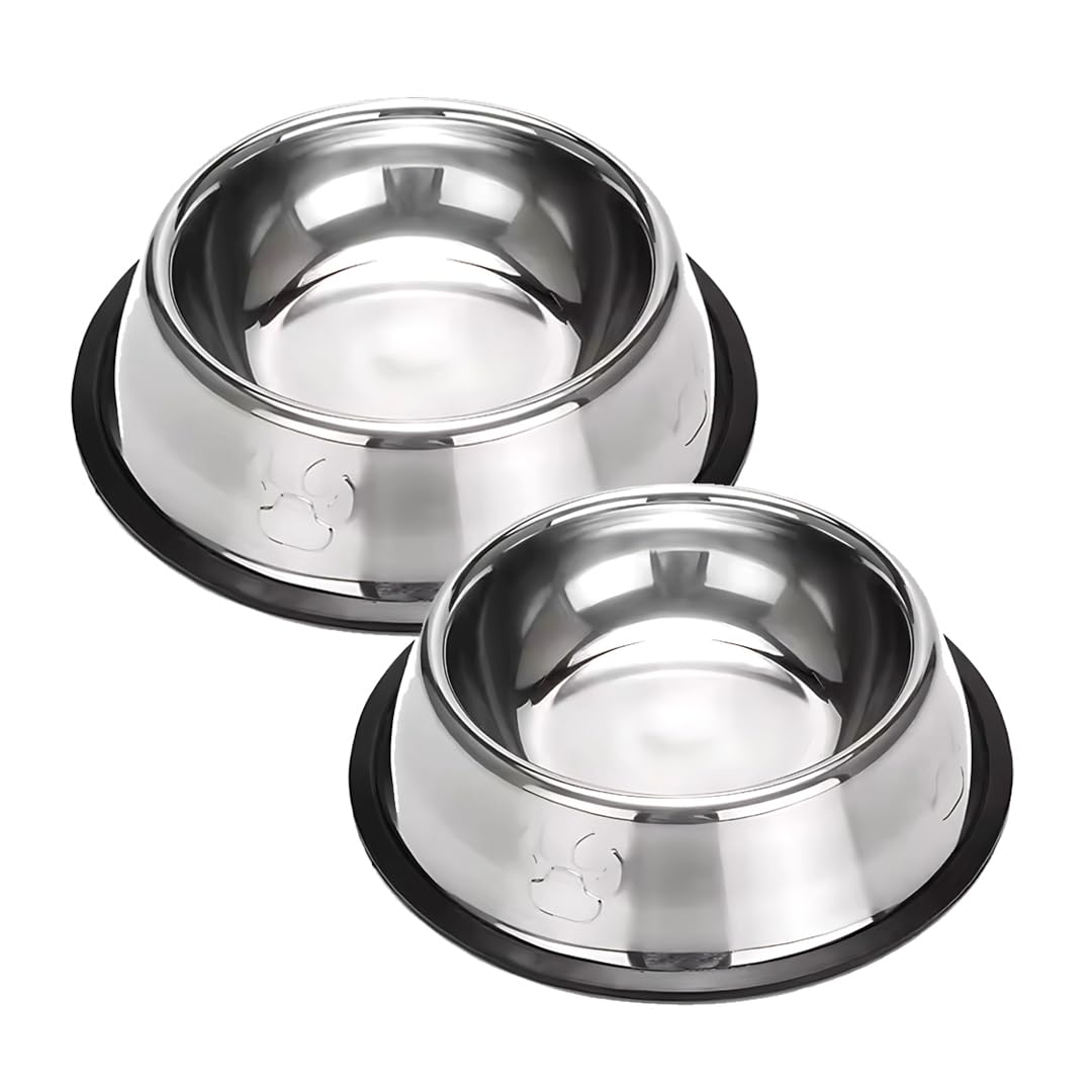 Pet Fun Paw Print Design Stainless Steel Dog & Cat Feeding Bowl Combo (900Ml) | NonSkid Rubber Base | RustResistant Dishwasher