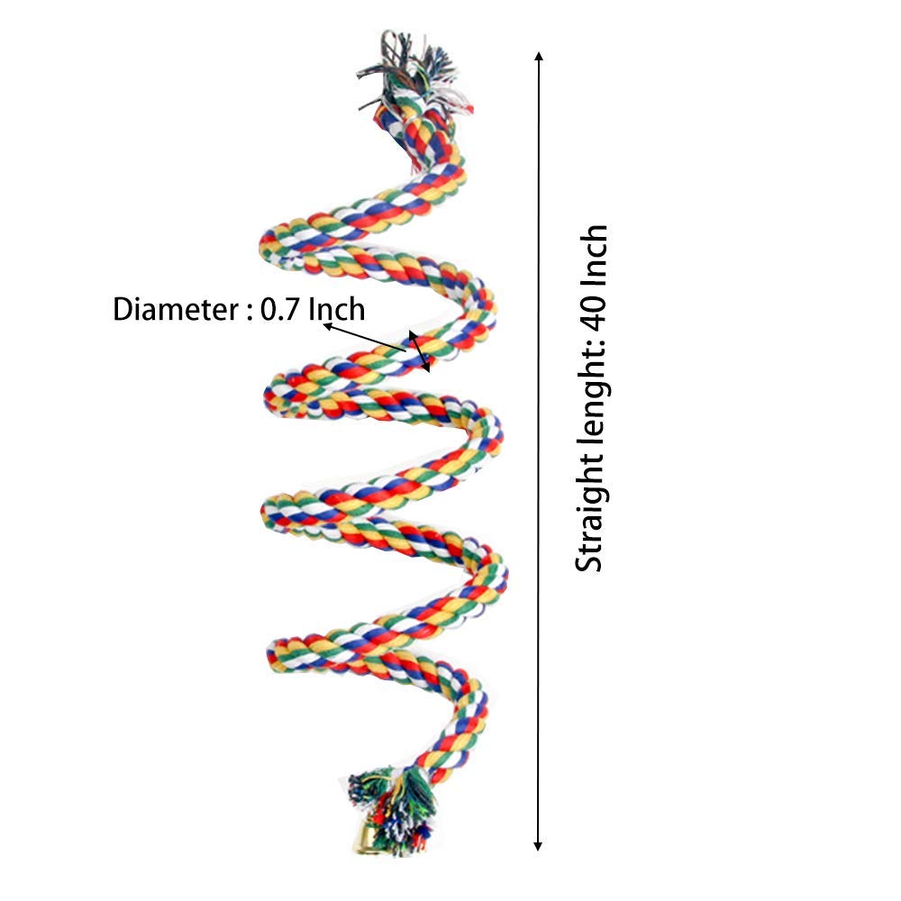 Aniac Bird Spiral Cotton Rope Perches With Bell Parrots Chewing Bungee African Grey Cage Toys Swing Birdcage Accessories Parakeet Climbing Stand Bar (40 Inches)
