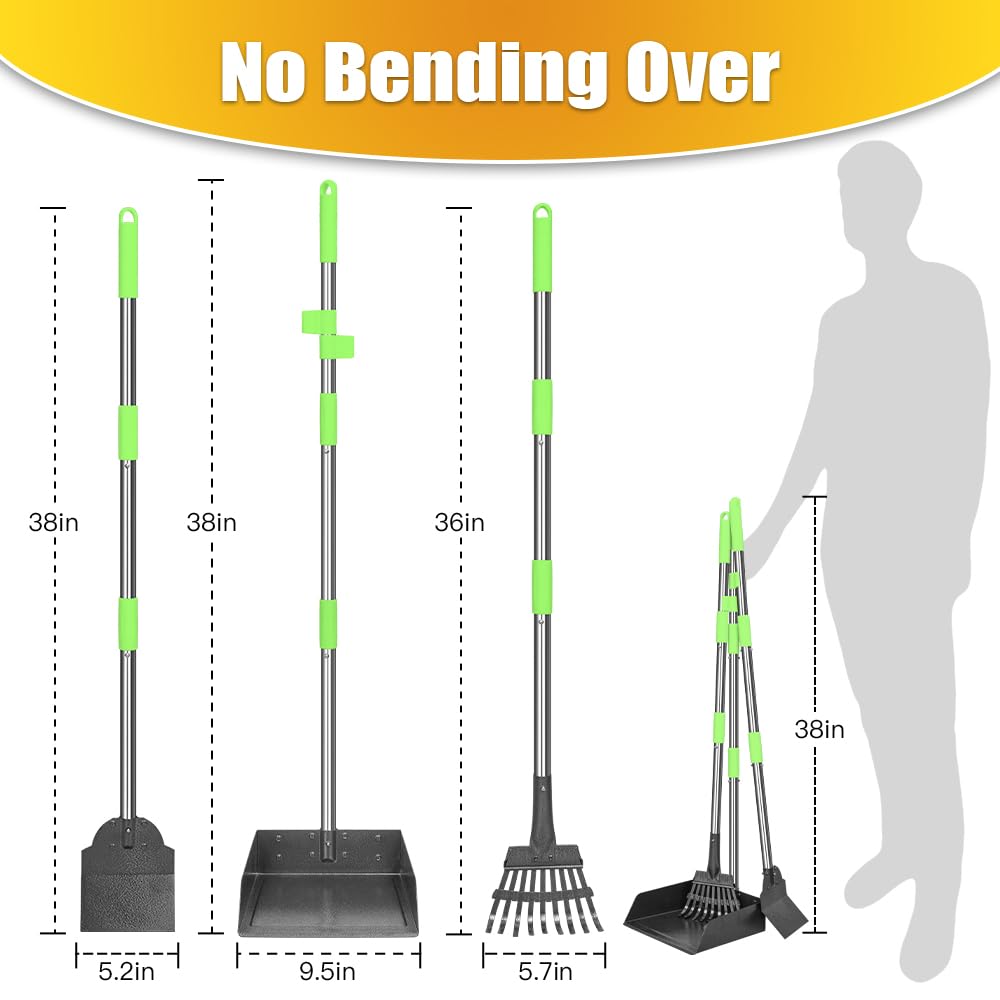 Tooge Larger Pooper Scooper, Dog Pooper Scooper For Large Medium Small Dogs Heavy Duty Long Handle Metal Tray Rake Shovel Set Fo