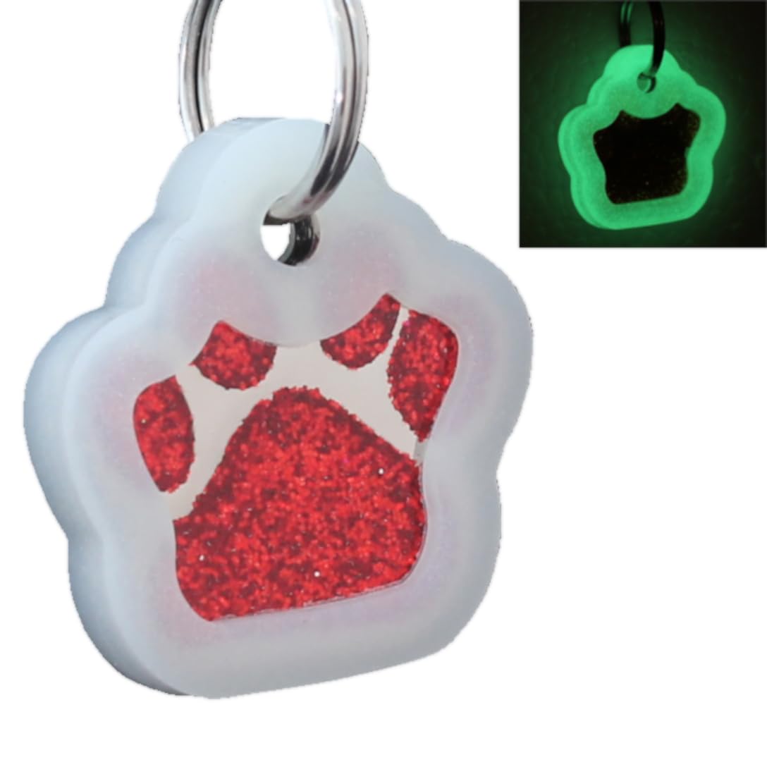 Io Tags Pet Id Tags, Personalized Dog Tags And Cat Tags, Custom Engraved, Easy To Read, Cute Glitter Paw Pet Tag (Red + Silencer