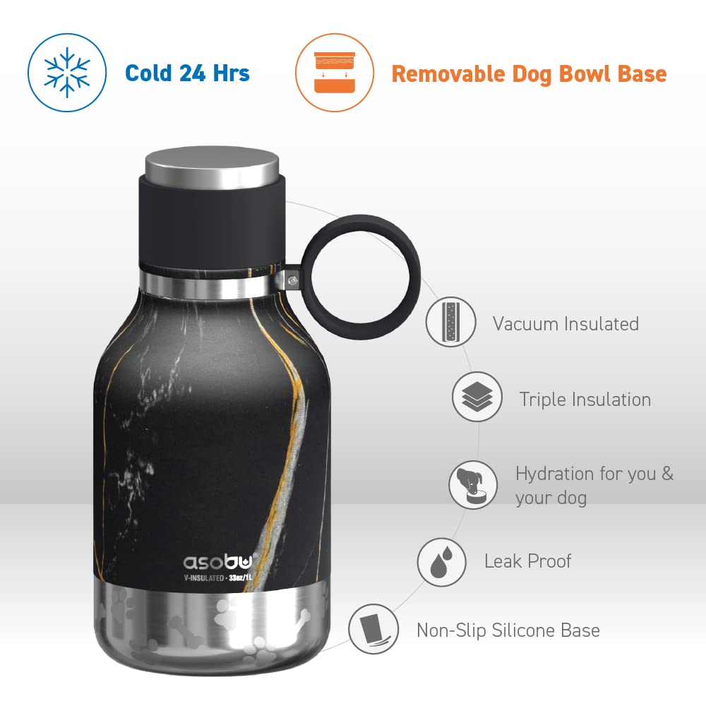 Asobu Dog Bowl Attached To Stainless Steel Insulated Travel Bottle For Human 37Oz/1.1 Liter With Detachable Dog Bowl (Midnight Marble)…