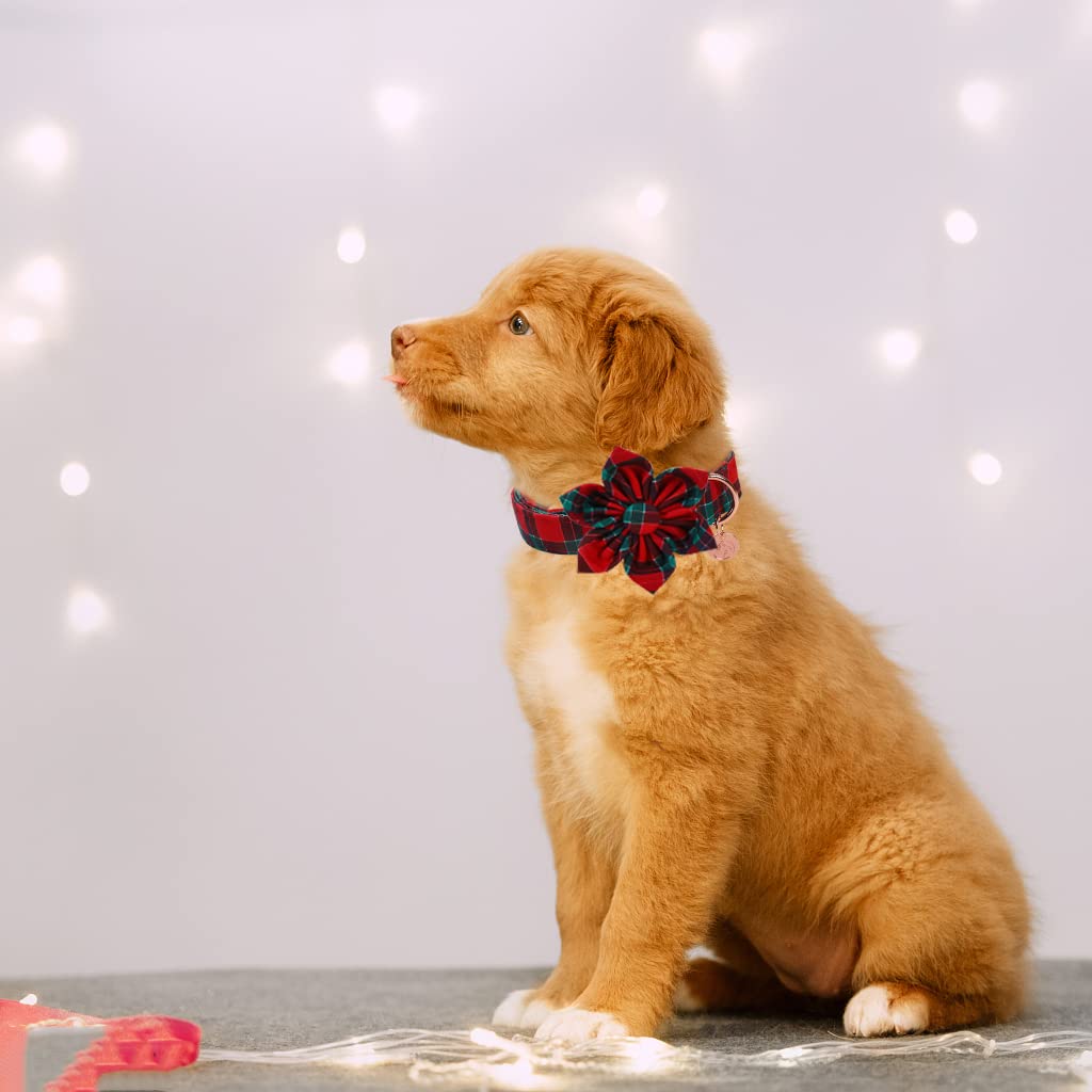 Dogwong Christmas Dog Collar With Flower, Red Plaid Dog Collar Soft Durable Adjustable Cotton Red Green Tartan Puppy Collar For Small Medium Large Dog