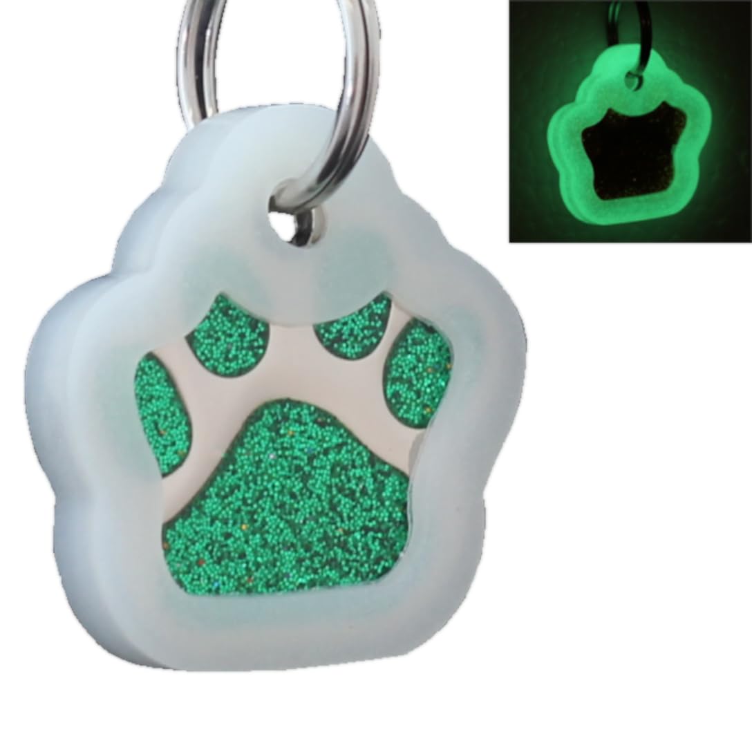 Io Tags Pet Id Tags, Personalized Dog Tags And Cat Tags, Custom Engraved, Easy To Read, Cute Glitter Paw Pet Tag (Green + Silenc