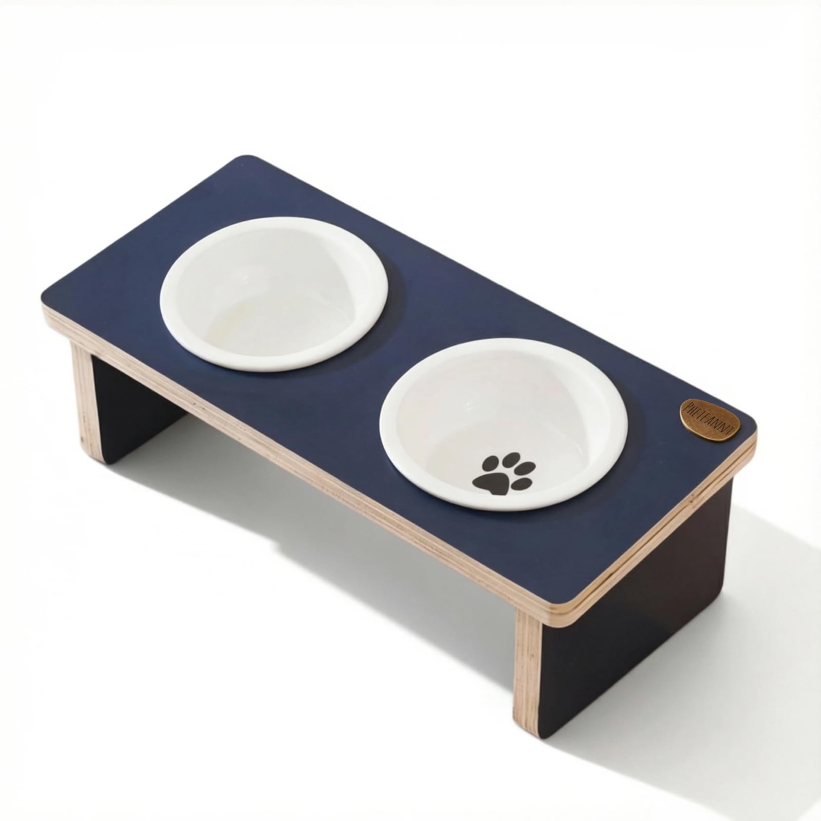 Pheifannt Elegant Raised Dog Bowl Stand with 2 Ceramic Bowls - Waterproof Multi-Layer Solid Wood Design for Small Dogs or Cats