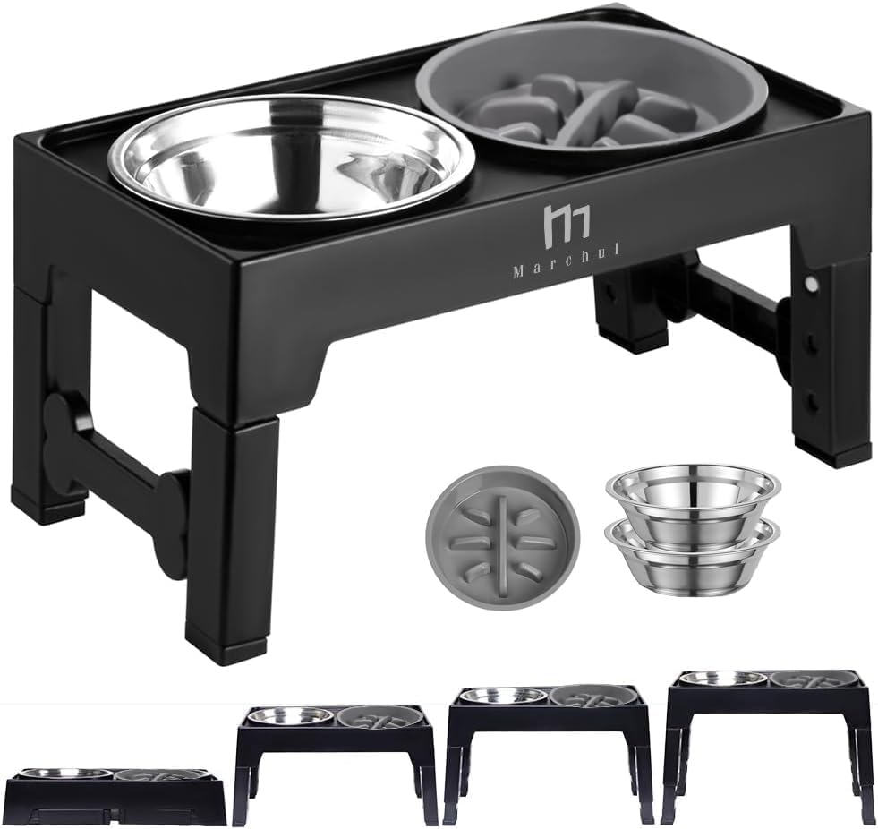 Marchul Elevated Dog Bowls, 4 Height Adjustable Raised Dog Bowls with 2 Stainless Steel Bowls,Non-Slip Dog Food and Water Bowl w