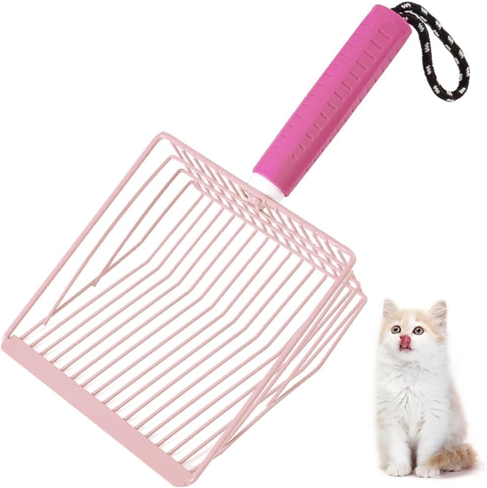 Apidgrowth Cat Litter Scoop, 2-In-1 Detachable Ergonomic Handle, Metal, Bar Grid Shape With Suspendable Cord (Pink)
