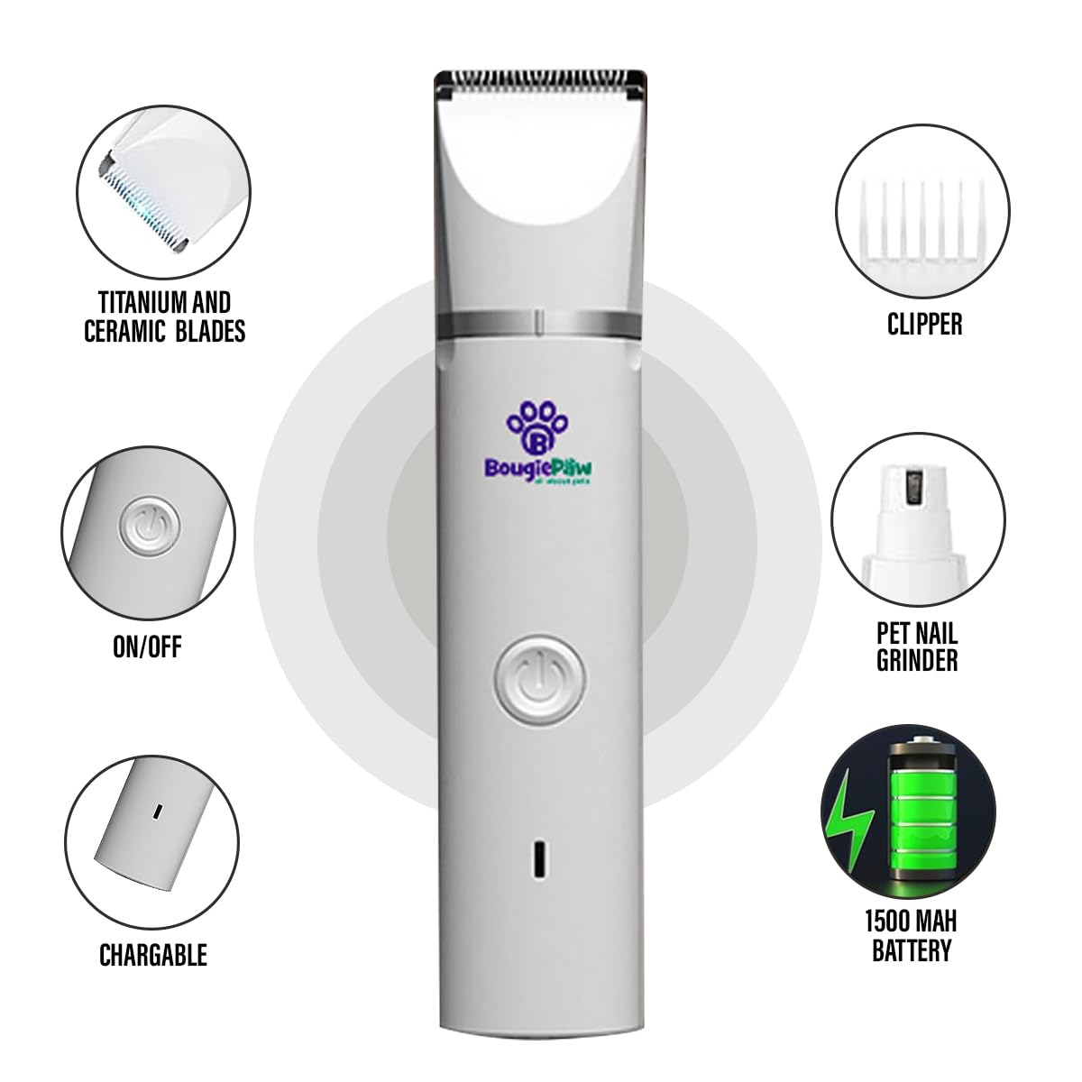 BougiePaw Dog Paw Trimmer Kit 4-in-1, Rechargeable, Low Noise, Cordless Clippers for Dogs & Cats, White, Model BP1