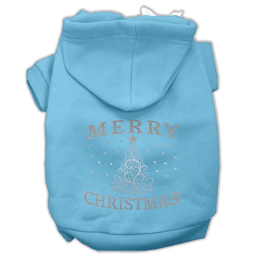 Christmas Pet Dog & Cat Hoodie Screen Printed, 'Shimmer Christmas Tree' Baby Blue Lg (10-14 Lbs.)