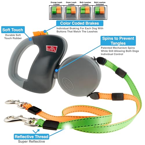 Wigzi (2 Two Dog Reflective Retractable Pet Leash - 360 Degree Zero Tangle Patent - Two Dogs Each Up To 50 Lbs And 10Ft. Reflect
