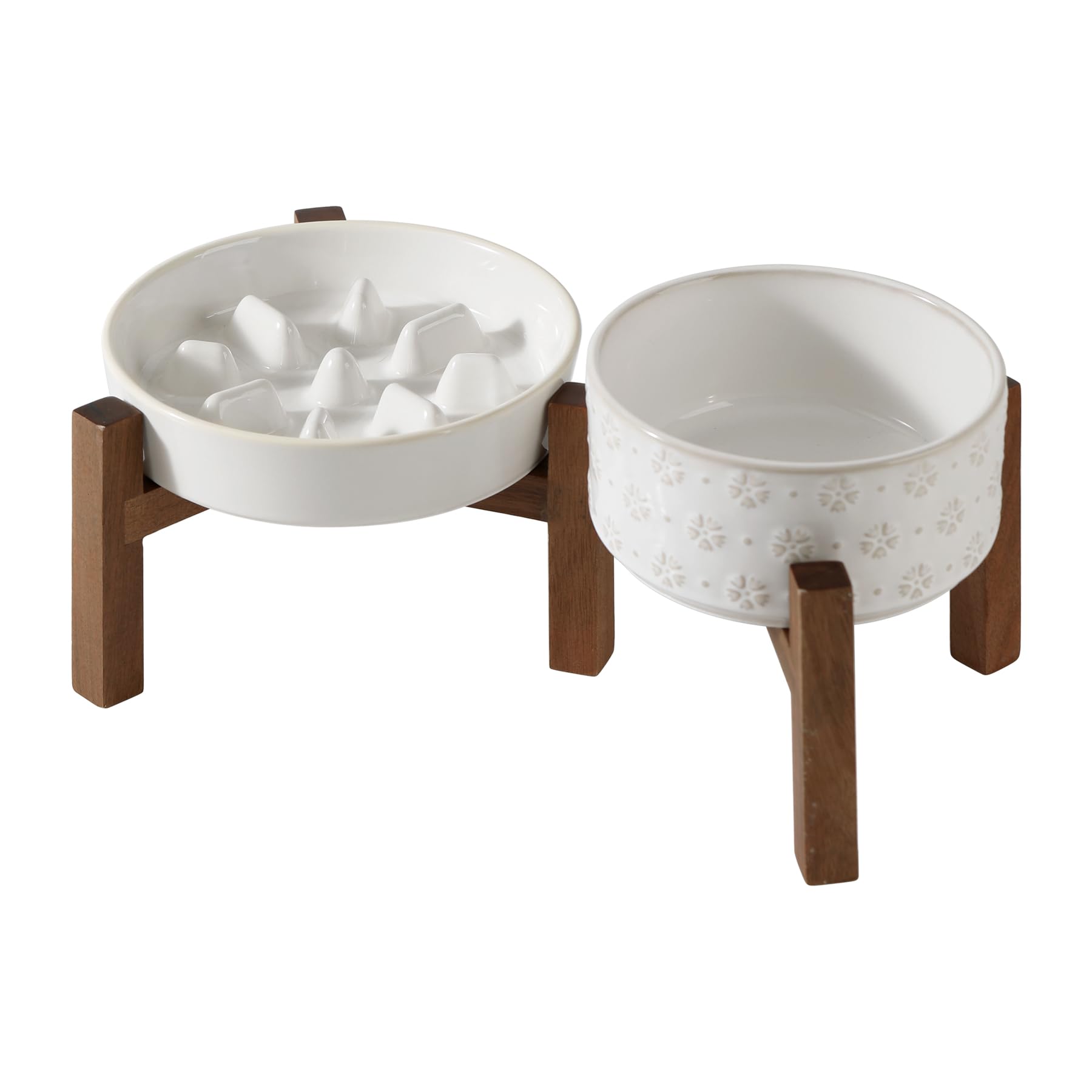 Havniva Ceramic 1.2 Cup Raised Slow Feeder Dog Bowl Set, Elevated 6.1inch Bowl and 7.3inch Slow Feeder Dish with Acacia Wood Sta