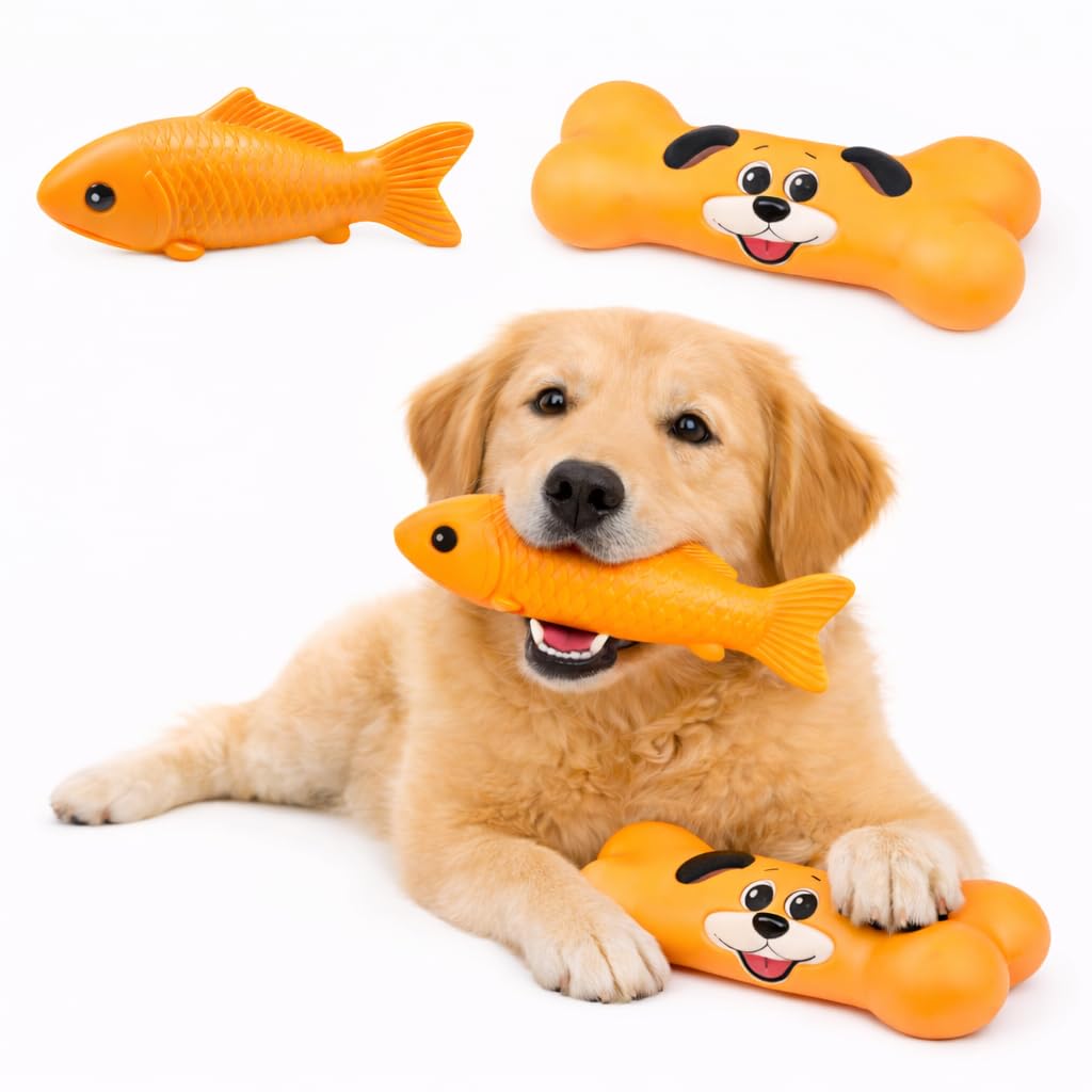 Petkartel Dog Squeaky Toy Combo | Bone Shape & Fish Design Chew Set For Puppies | Interactive Playtime For Biting, Training & Ac