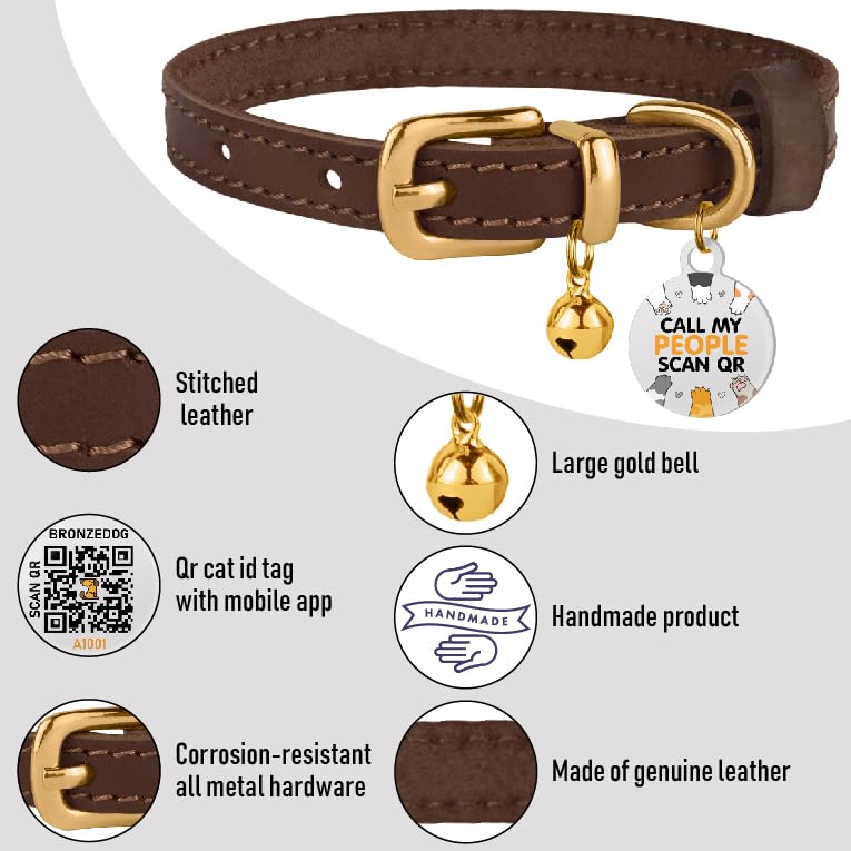 Bronzedog Leather Cat Collar With Bell Non Breakaway Kitten Qr Tag For Girl Boy (9' - 11' Cats/Mini Dogs, Dark Brown & Gold)