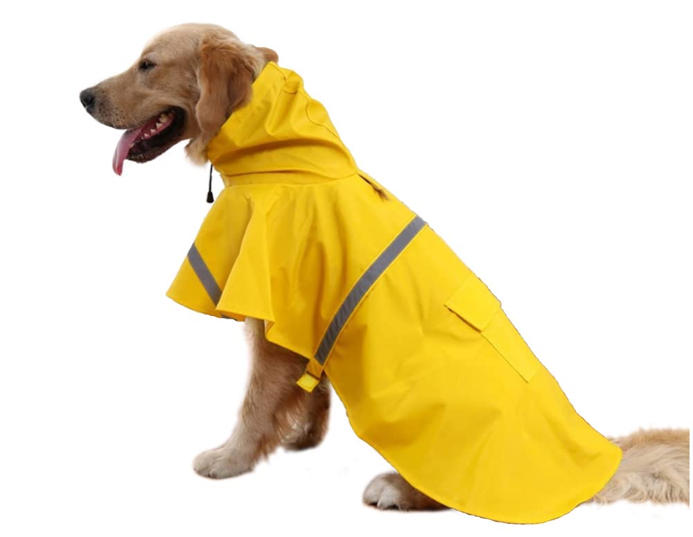 Mikayoo Large Dog Raincoat Adjustable Pet Waterproof Clothes Lightweight Rain Jacket Poncho Hoodies with Strip Reflective(Yellow