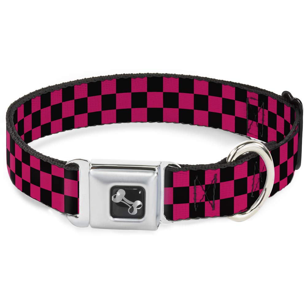 Buckle-Down Seatbelt Buckle Dog Collar - Checker Black/Neon Pink - 1' Wide - Fits 15-26' Neck - Large