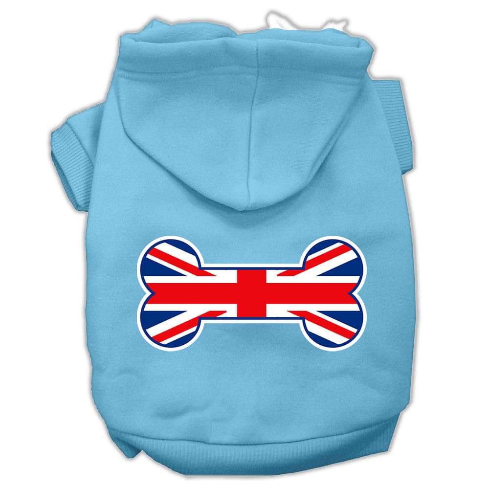 Pet, Dog & Cat Hoodie Screen Printed, Bone Shaped Flag United Kingdom (Union Jack) Flag Baby Blue LG (10-14 lbs.)