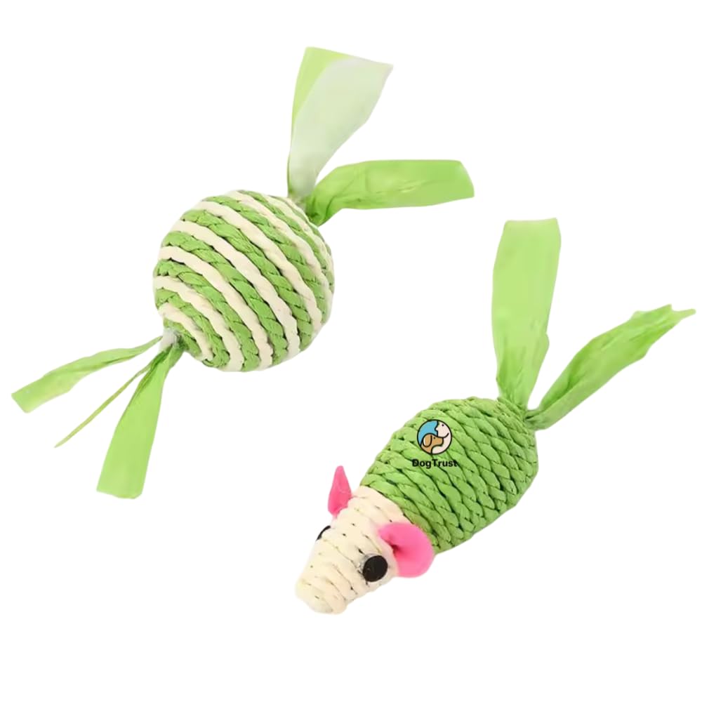 Dog Trust Natural Sisal Cat Toys | Chewable Mouse & Ball Set With Colorful Tails | Lightweight, NonToxic | Ideal For Play Indoo