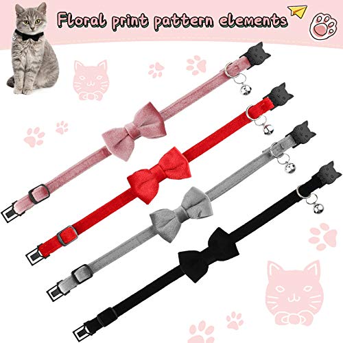 4 Pieces Cat Bow Tie Collar With Bell Breakaway Cat Collar Comfortable Velvet Cat Collar With Cute Safety Pet Collar For Pet Kitten Puppy (Black, Red, Gray, Pink,Small)