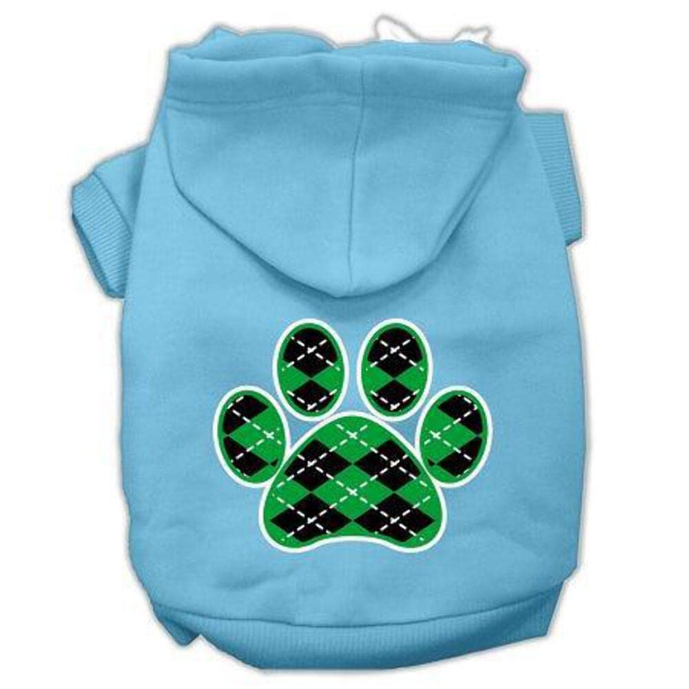 Pet Dog & Cat Hoodie Screen Printed, Green Argyle Paw Baby Blue LG (10-14 lbs.)