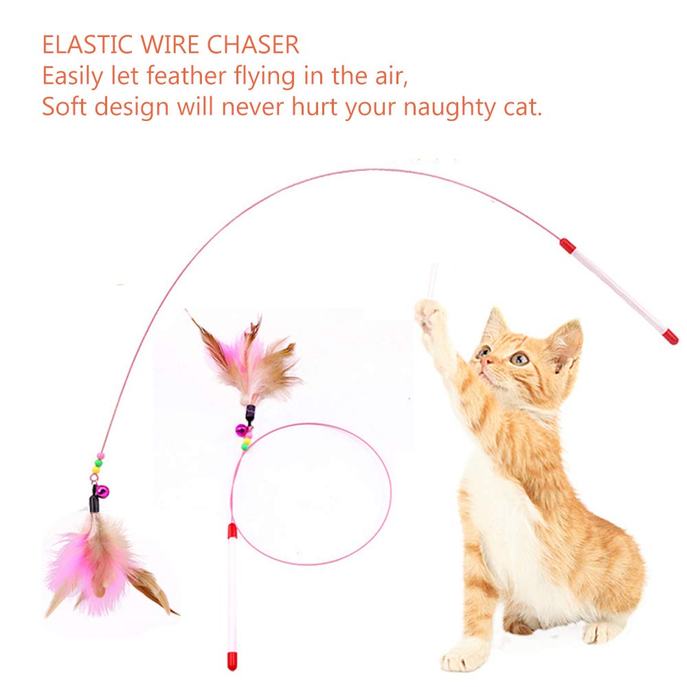 Cat Feather Toy, Cat Toys Wand, Bundle Of 5 Pack Interactive Pet Cat Kitten Chaser Teaser Wire Wand With Bell Beads For Cat Exer