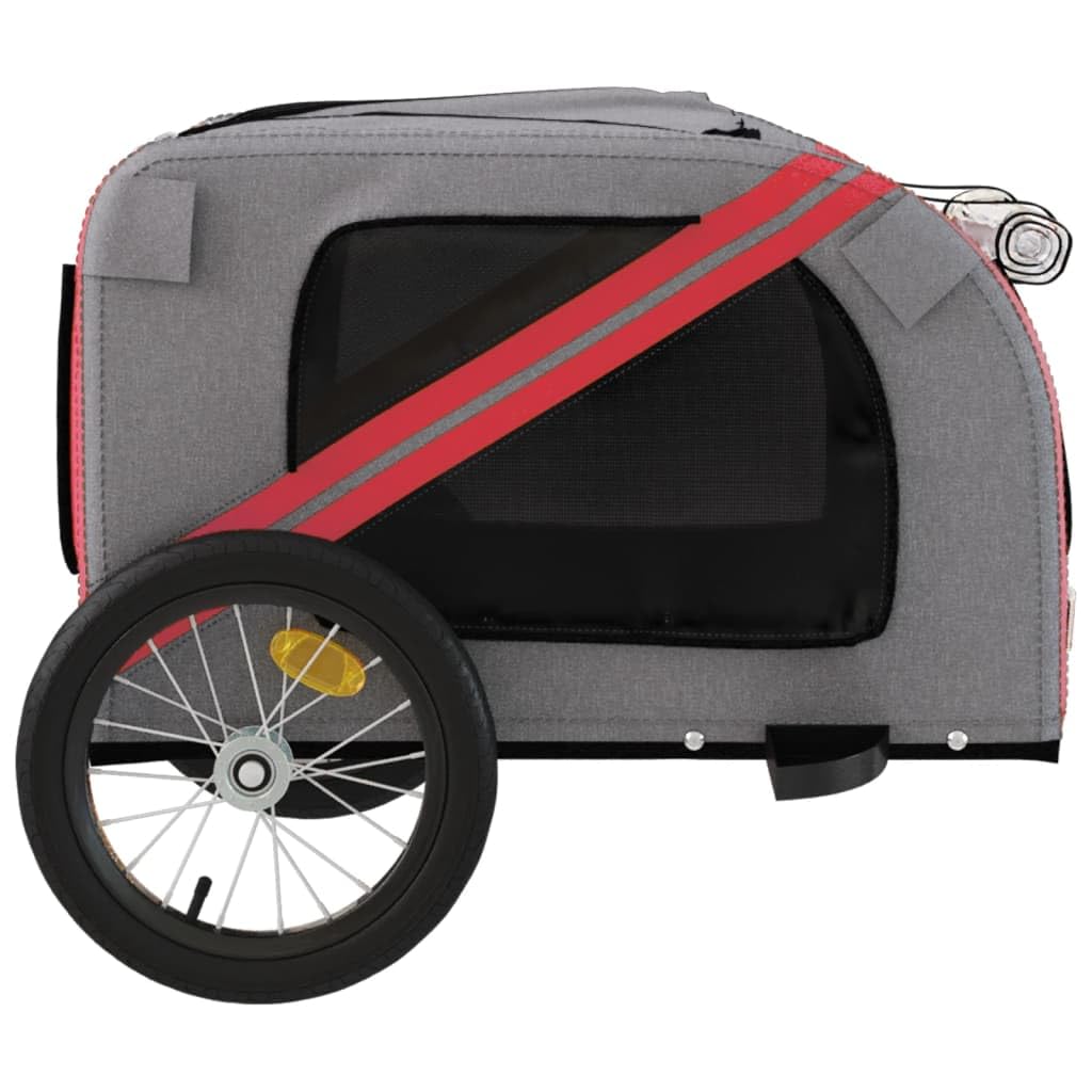 vidaXL Pet Bike Trailer for Small Dogs - Red/Gray Oxford Fabric Bicycle Pet Carrier with Iron Frame, Mesh Windows, Zippered Doors, Safety Flag, and Reflectors - Comfortable and Secure Pet Transport