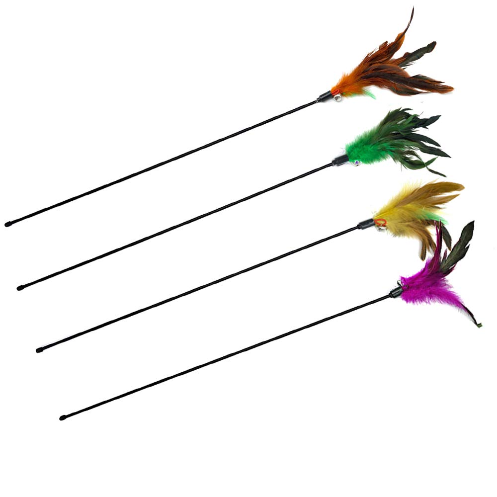 Cat Wand Toys, 4 Pcs Interactive Cat Teaser Wand Cat Feather Toys With Loud Bell - 20'' Long Wand For Cat And Kitten