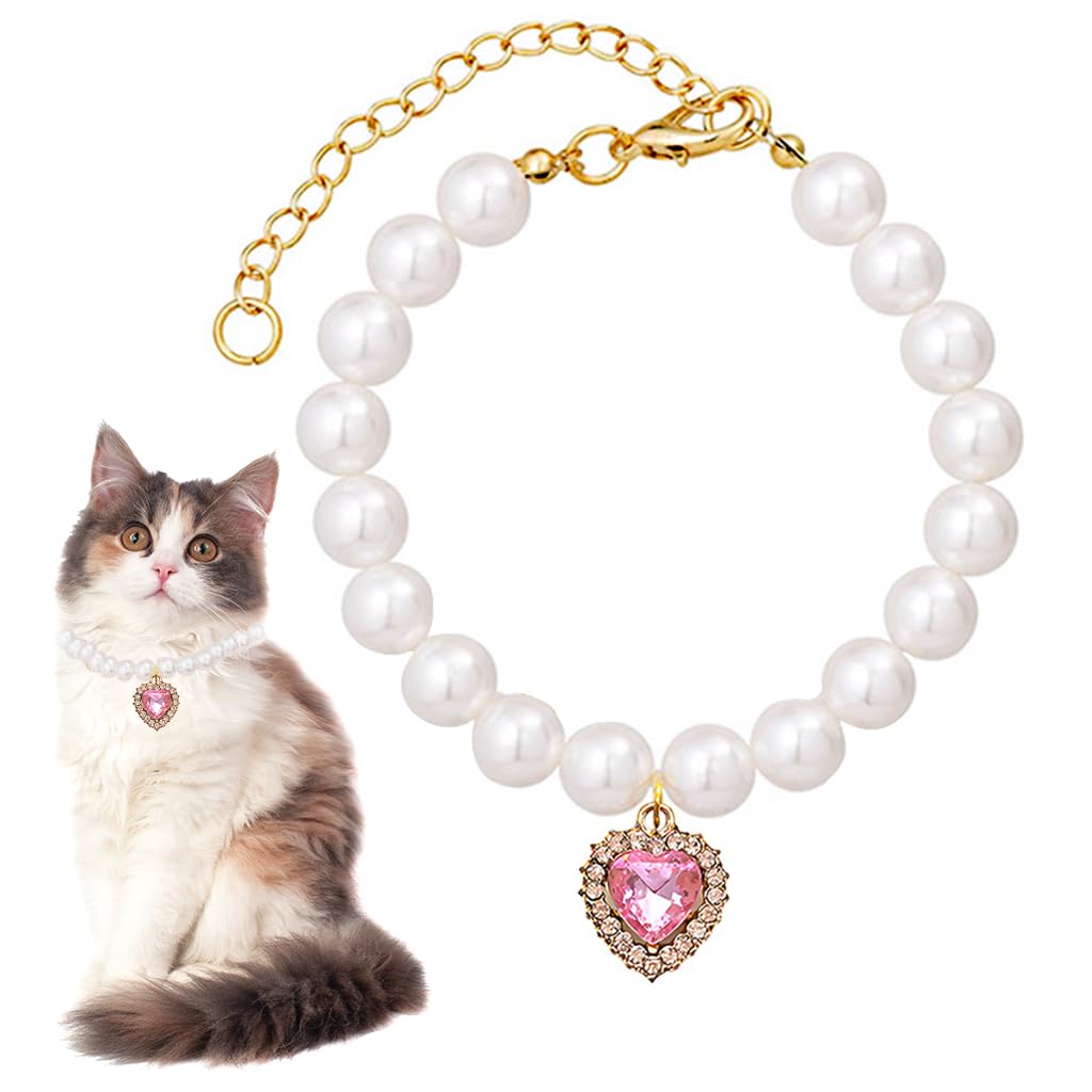 Qpets Jewelry Cat Collar, Pet Collar Jewelry Necklace With Pink Rhinestone Heart Charm Pearl, Adjustable Cat Collar Necklace Val