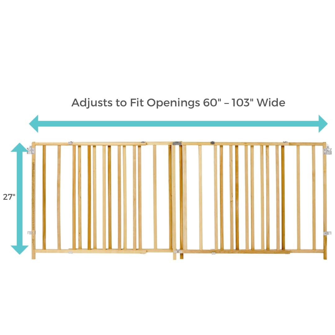 Toddleroo By North States Extra Wide Swing Wooden Gate, Fits 60'- 103' Wide. Hardware Mount. Extra Wide Baby Gate, Child Gates For Wide Openings. Made In Usa (27' Tall, Sustainable Hardwood)