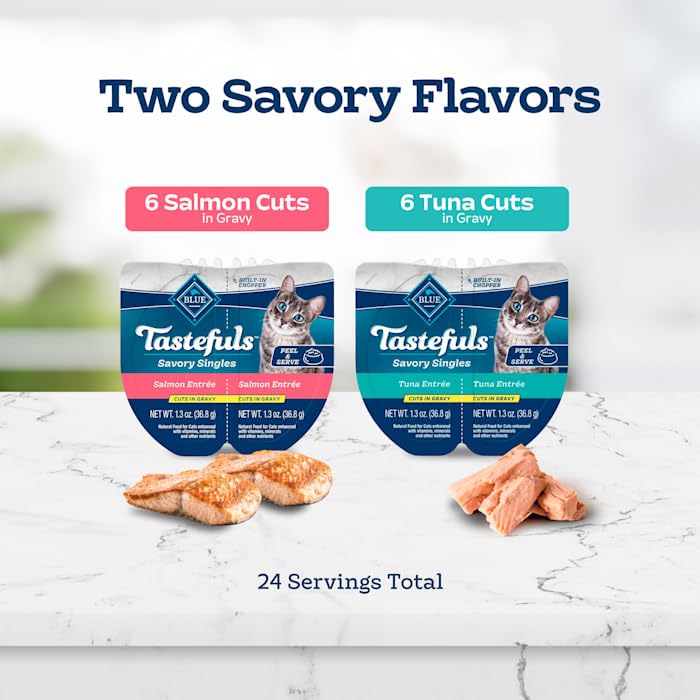 Blue Buffalo Tastefuls Savory Singles Salmon and Tuna Natural Wet Cat Food Cuts in Gravy Variety Pack 2.6 oz. Count of 12