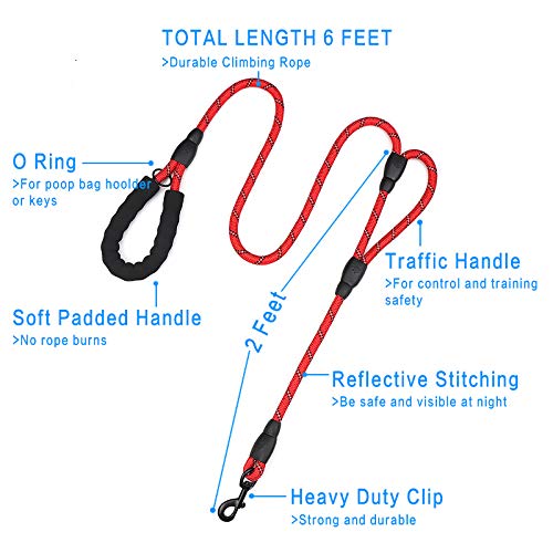 Plutue Pet Rope Dog Leash 6Ft Long,Traffic Padded Two Handle,Heavy Duty,Reflective Double Handles Lead For Control Safety Training,Leashes For Large Dogs Or Medium Dogs,Dual Handles Leads(Red)