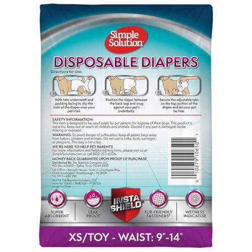 Simple Solution Disposable Dog Diapers For Female Dogs, True Fit, Absorbent, Leak Proof With Wetness Indicator, Xs Puppy & Doggie Period Pad And Pee Diaper, For Toy Pets, 9–14-Inch Waist, 12 Count