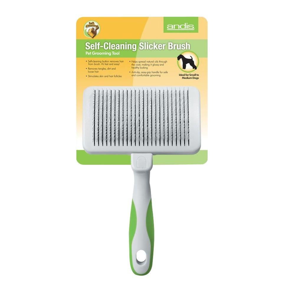 Andis 40160 Self-Cleaning Animal Slicker Brush - Grooming Brush For Pet Deshedding Fur - Reduces Shedding Up To 90%, Removes Tangles, Dirt & Loose Hair - Ideal Gift For Pet Lovers – White,Silver Small