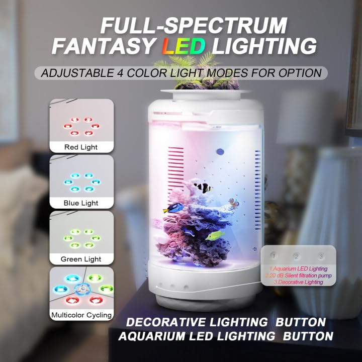 Fzone 1.2Gal Small Fish Tank With Plant Pot, All-In-One Desktop Aquarium Kit With Adjustable 4 Color Light Modes,20Db Filtration
