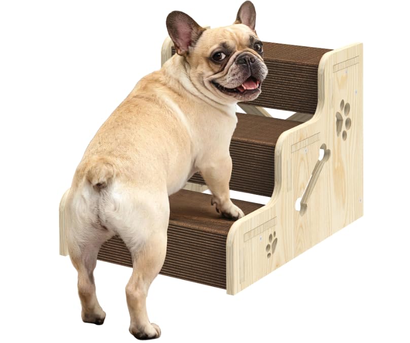 TIMHAKA Dog Stairs for Small Dogs, 3-Step Wooden Dog Ramp for Bed, Couch & Car, Non-Slip Pet Stairs for Small Old Short-Legged P