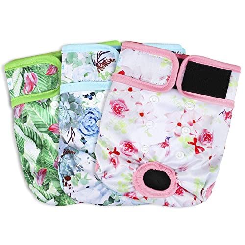 Paw Legend Washable Reusable Female Dog Period Diapers for Heat Doggie Puppy Diapers for Female Dogs (3 Pack, Flower, X-Small)