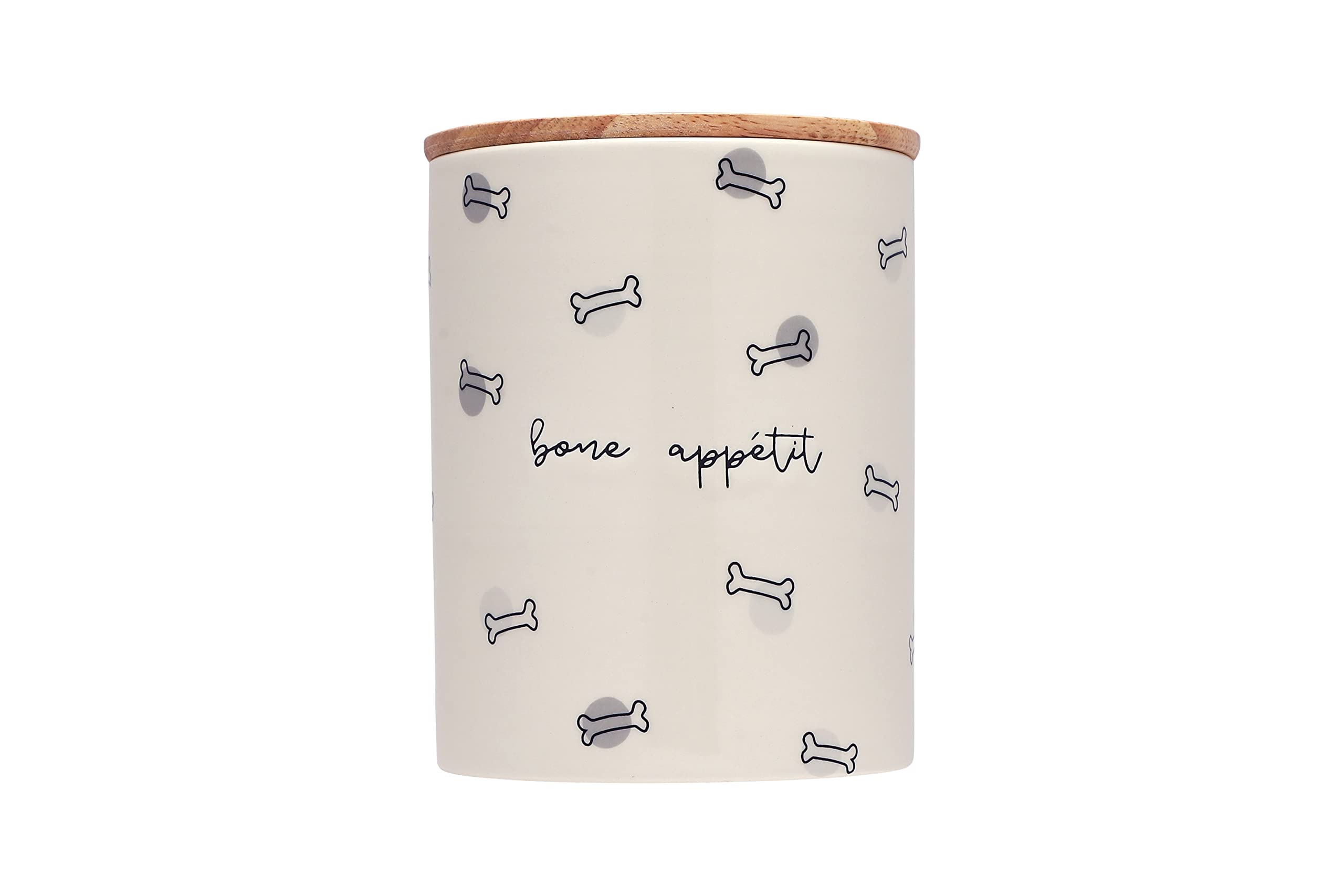 Pearhead Ceramic Bone App  tit Dog Treat Jar, Holds 4 Cups, Stoneware and Wood Canister, Neutral Pet Biscuit Storage with Airtig