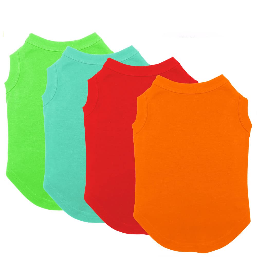 Chol&Vivi Dog Shirt, Cotton Apparel 4Pcs, Soft Thin T-Shirts, S (16' Chest), Light Blue, Green, Red, Orange, Lightweight, Comfor